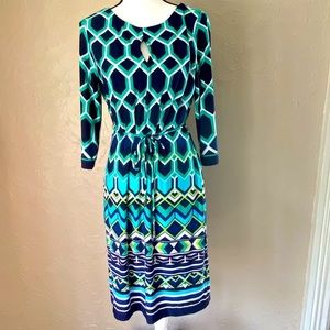 3/$25 LIZ CLAIBORNE (M) 3/4 sleeve blue/green dress
